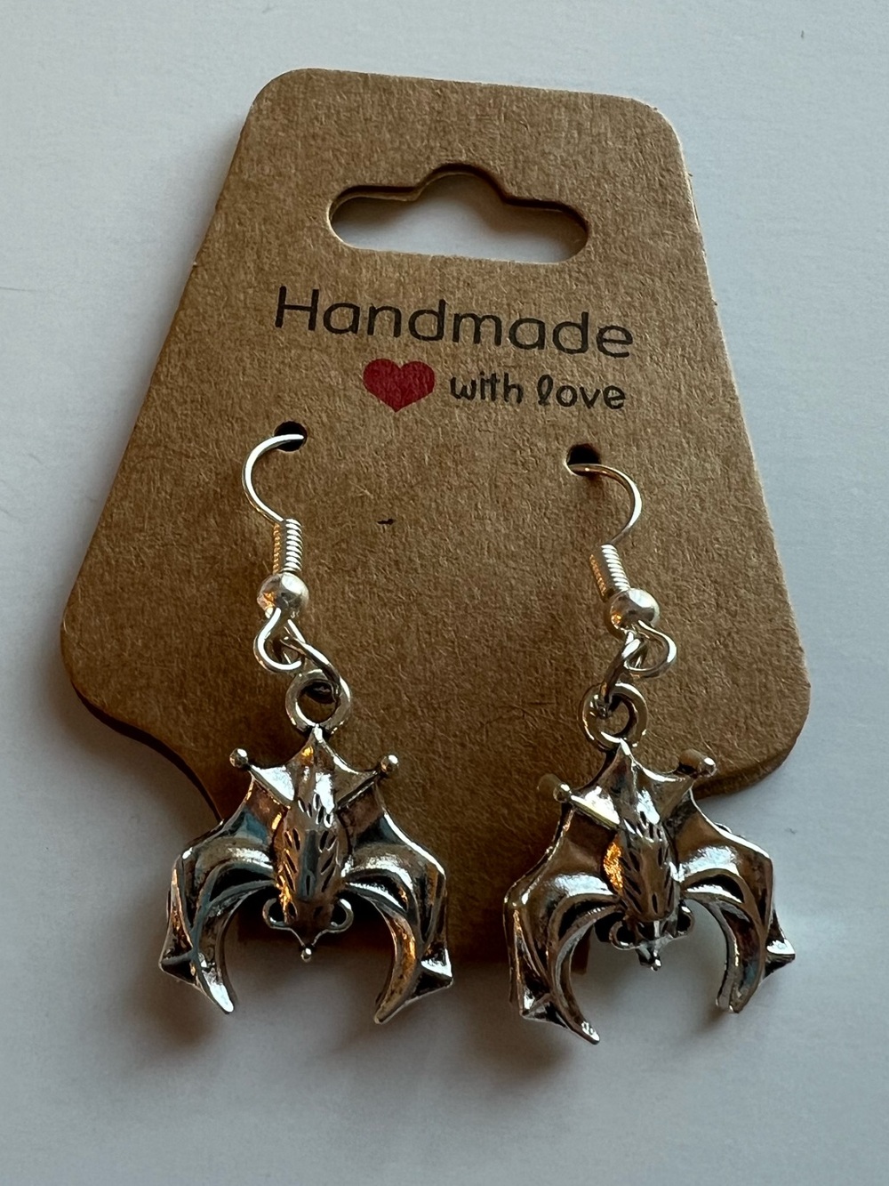 Hand Crafted Silver Bat Dangle Earrings Halloween / Gothic